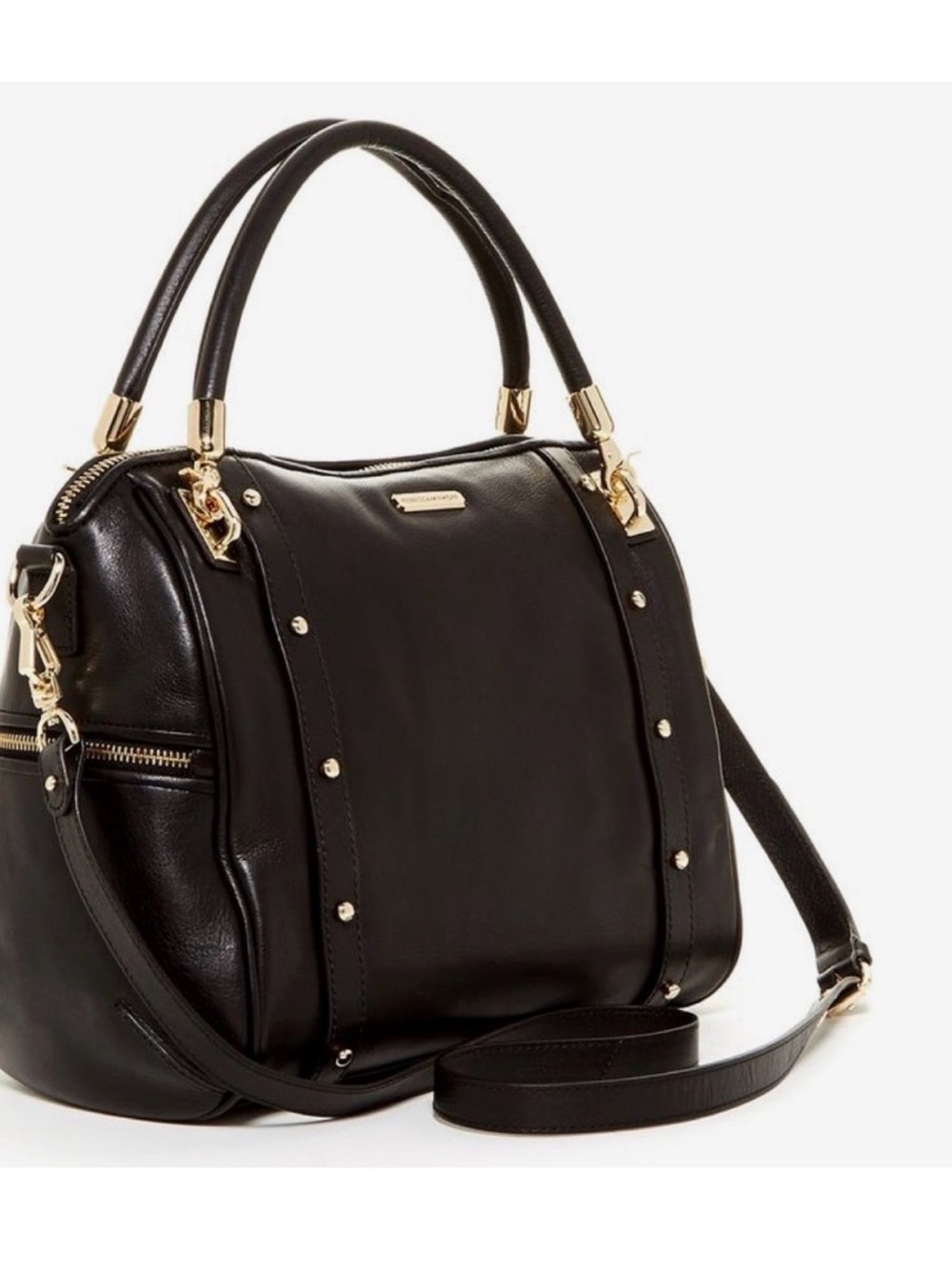 Rebecca Minkoff Cupid Satchel
Black Leather Satchel Handbag with Gold Studs